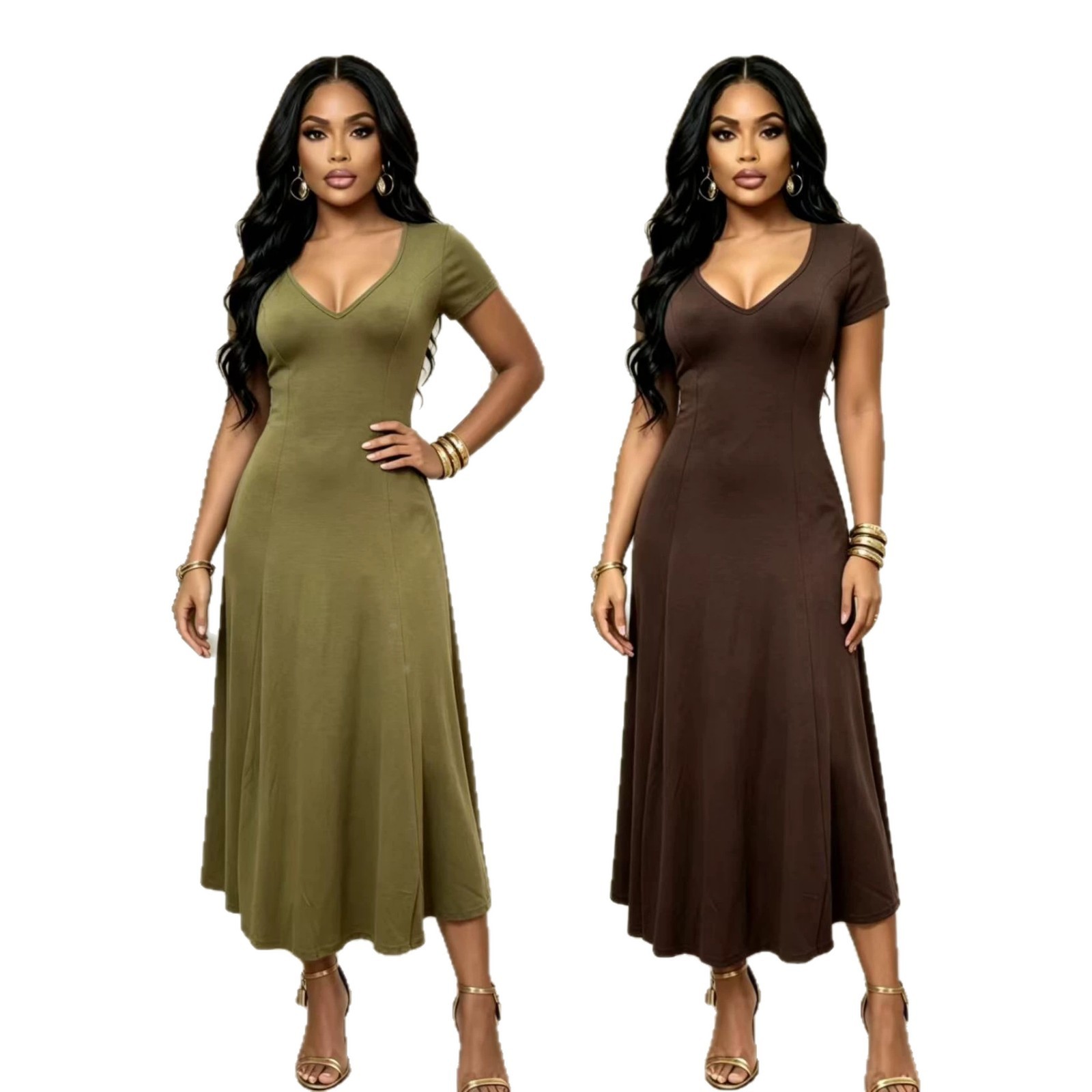 Womens Summer New Arrival American-Style Elegant Long Dress With V-Neck And Short Sleeves - Image 4