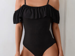 Solid-color Ruffled-strap Womens Fashionable Briefs One-piece Bikini