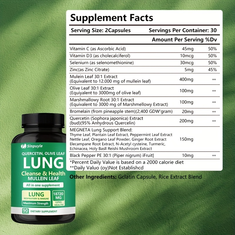 Lung Cleanse Respiratory Support Supplement Mullein Leaf Quercetin 90 Capsules - Image 4