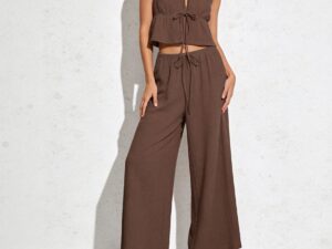 Solid-color Sleeveless Top With Tie Detail And Casual Wide-leg Pants Set