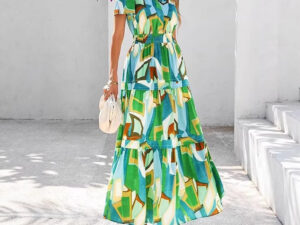 Womens Retro Floral Short-Sleeve V-Neck Dress