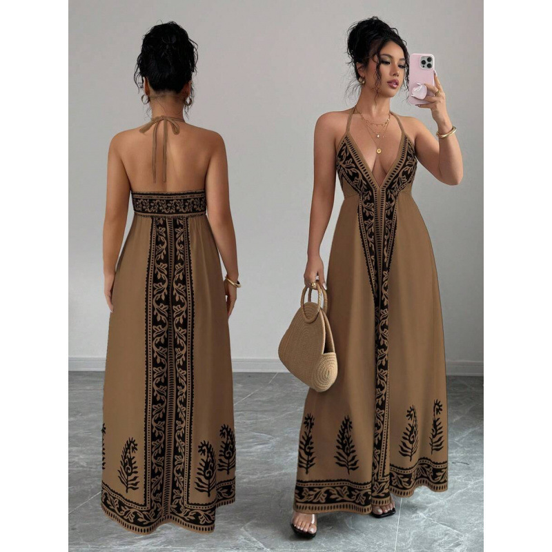 Printed V-neck Backless Long Slip Dress - Image 7