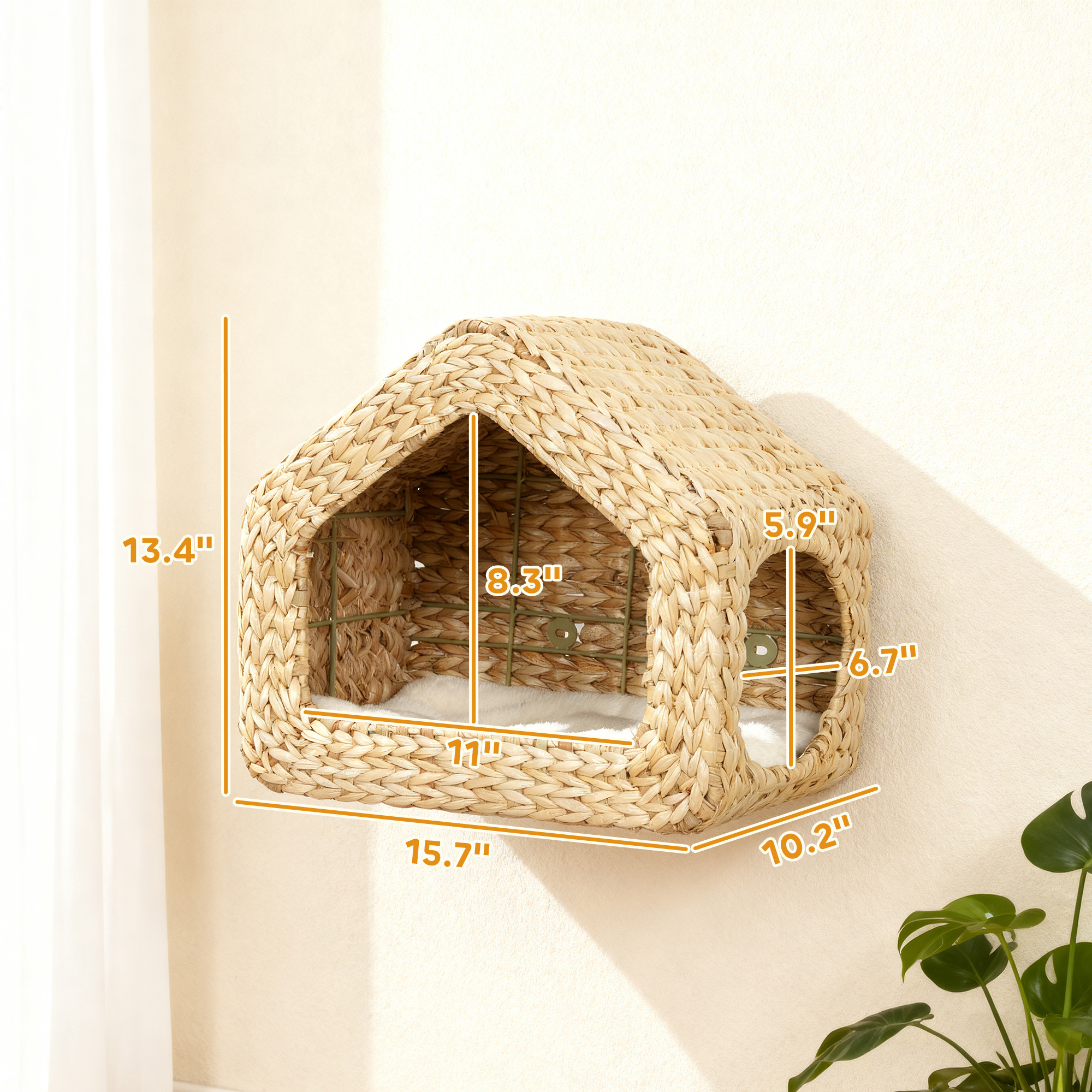 Wall Mounted Cat House, Cat Wall Furniture, Cat Wall Shelf With Washable Cushion, Natural - Image 3