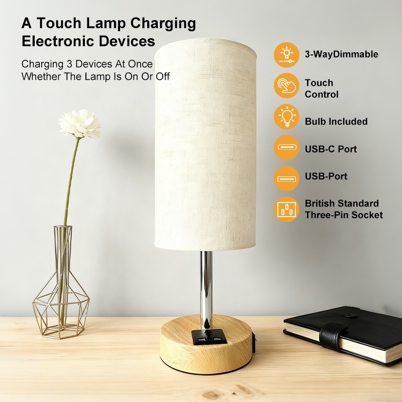 Bedside Lamps With 3-pin Plug, 3 Way Dimmable Table Lamp With USB A C Charging - Image 2