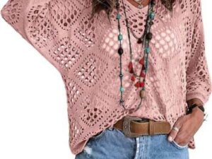 V-neck Diamond-shaped Openwork Batwing Sleeve Women's Sweater
