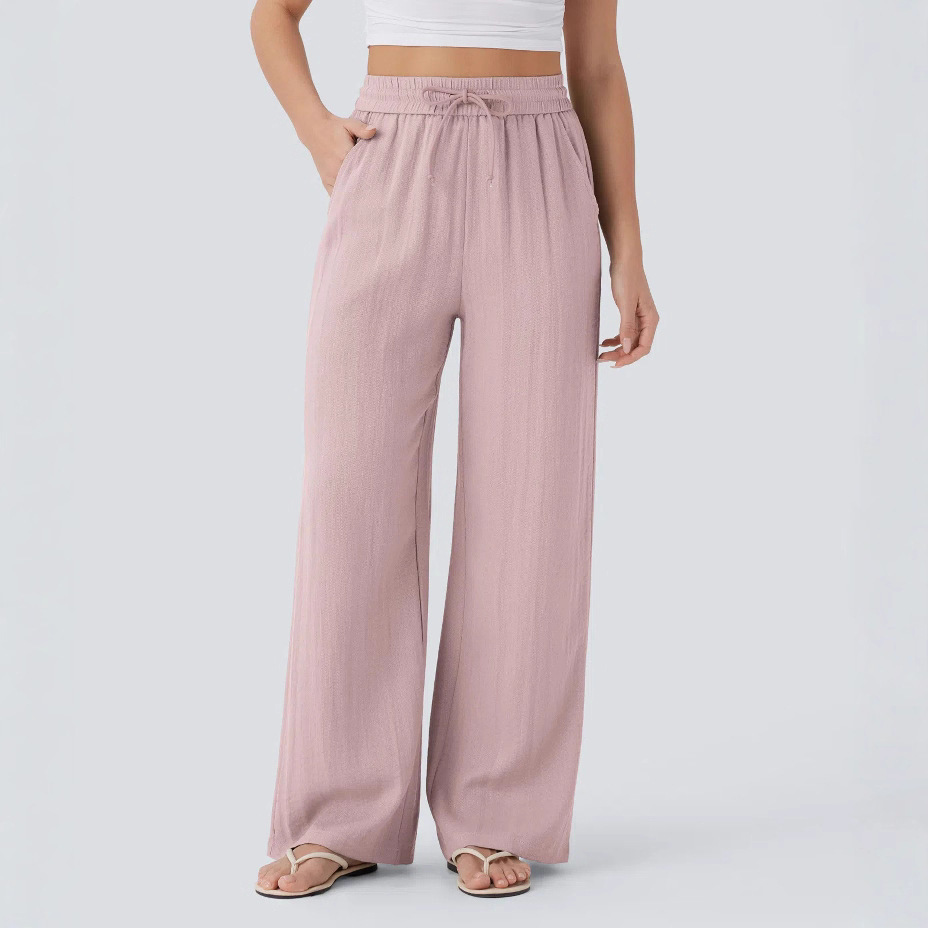 Solid Color Wide Leg Pants With Pockets Fashion Loose Drawstring Trousers Casual Women's Clothing - Image 3