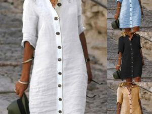 Half-sleeved Shirt Dress Summer V-neck Single-breasted Button Dresses Women's Clothing