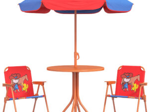 Kids Picnic Table And Chair Set, Cowboy Themed Outdoor Garden Furniture W/ Foldable Chairs, Adjustable Parasol