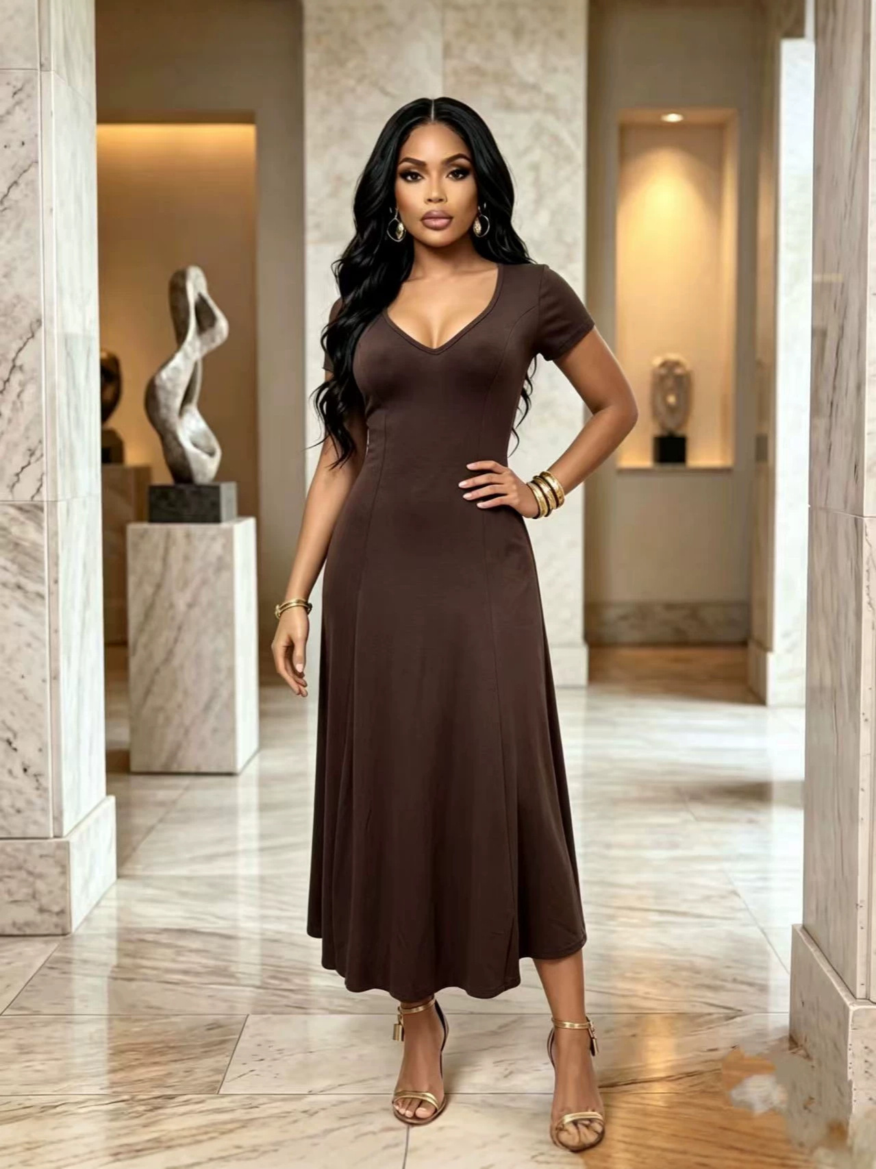 Womens Summer New Arrival American-Style Elegant Long Dress With V-Neck And Short Sleeves - Image 7
