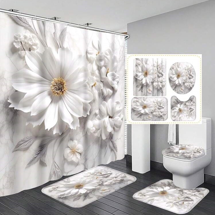 Simple Floral Pattern Waterproof Shower Curtain Suit