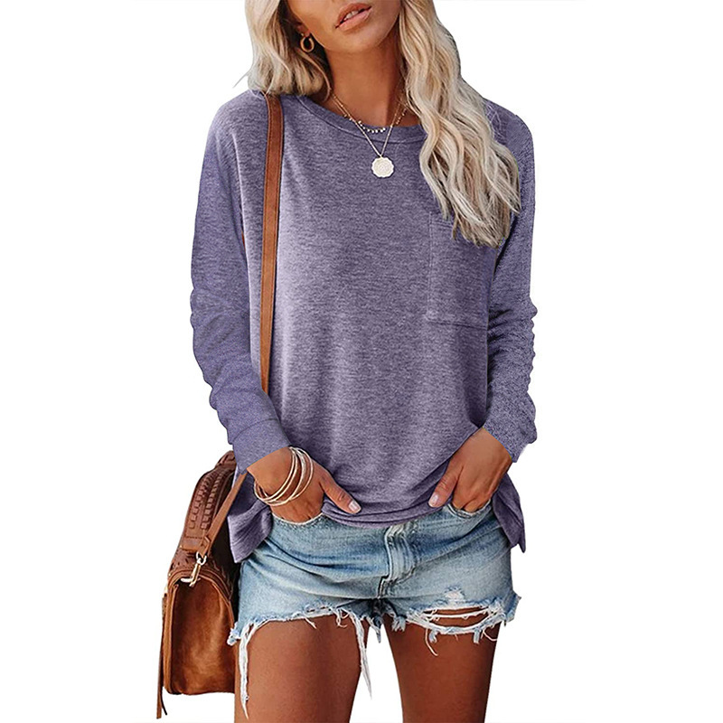 Pocket Split Long-sleeved Casual Bottoming T-shirt - Image 7