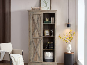 Tall Storage Cabinet Barn Door Storage Country Wood Rustic Farmhouse Pantry Cupboard Barn Door Kitchen Organizer Furniture Home Drawer Shelves 39.37x15.75x74.4  Gray Wash