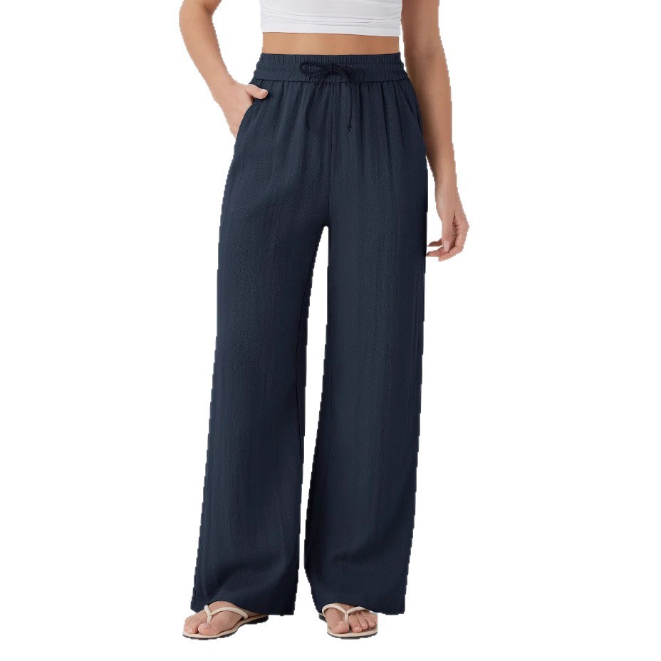 Solid Color Wide Leg Pants With Pockets Fashion Loose Drawstring Trousers Casual Women's Clothing - Image 7