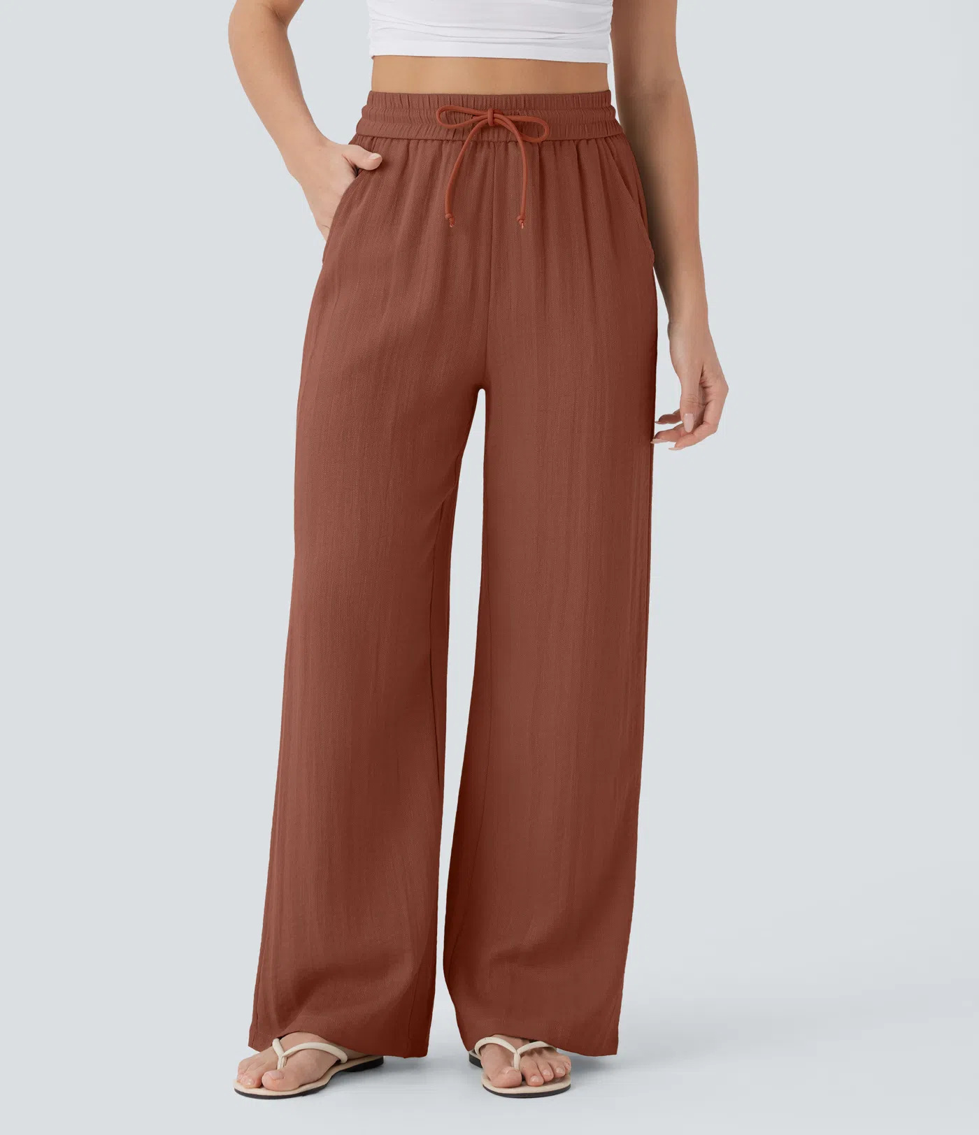 Solid Color Wide Leg Pants With Pockets Fashion Loose Drawstring Trousers Casual Women's Clothing - Image 5