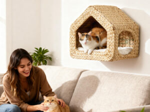 Wall Mounted Cat House, Cat Wall Furniture, Cat Wall Shelf With Washable Cushion, Natural