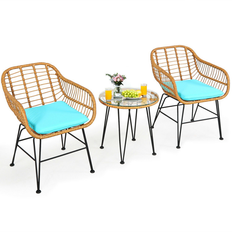 3 Pieces Rattan Furniture Set With Cushioned Chair Table - Image 9