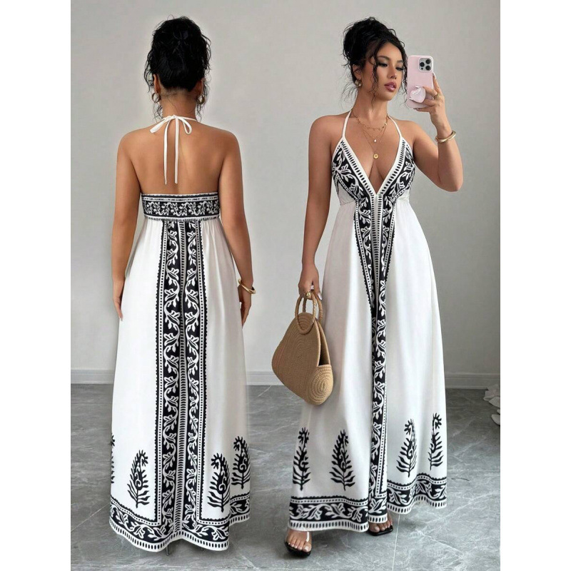 Printed V-neck Backless Long Slip Dress - Image 8
