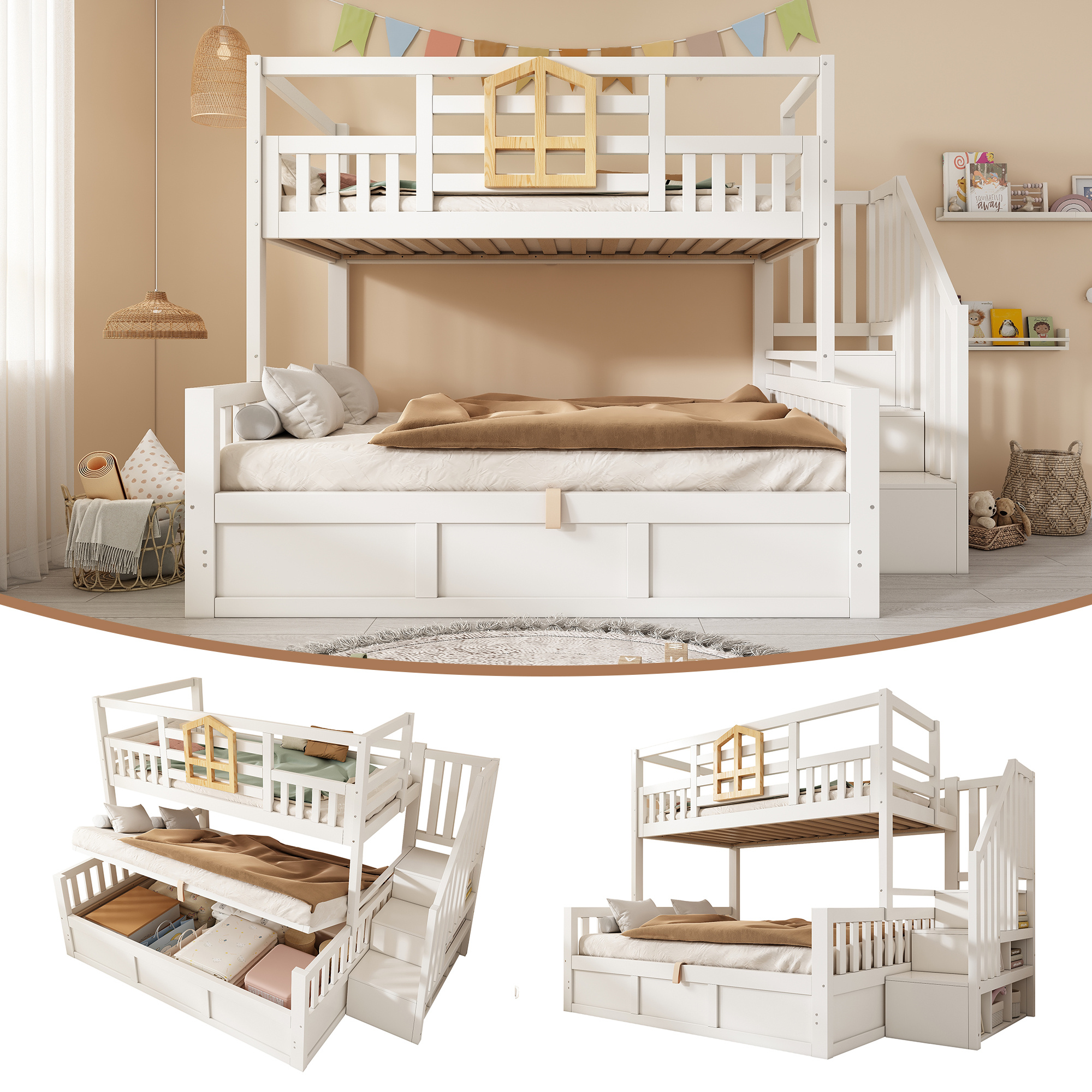 Bunk Beds For Kids, Staircase Bunk With Hydraulic Storage, Children S Bed With Storage Cube, Double Bunk Bed For Family With Multiple Children, 90 135 X 190 Cm, Solid Wood, White