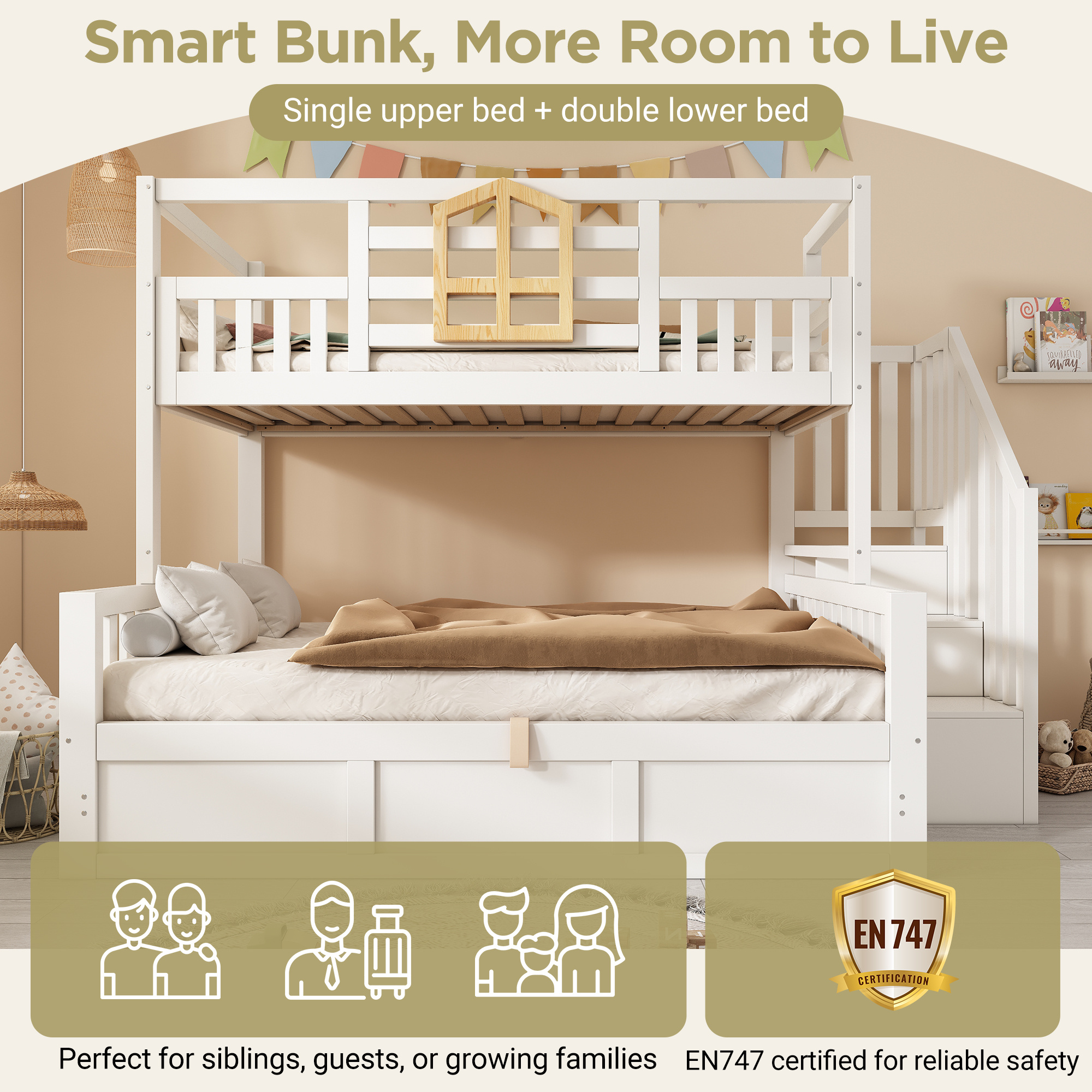 Bunk Beds For Kids, Staircase Bunk With Hydraulic Storage, Children S Bed With Storage Cube, Double Bunk Bed For Family With Multiple Children, 90 135 X 190 Cm, Solid Wood, White - Image 4