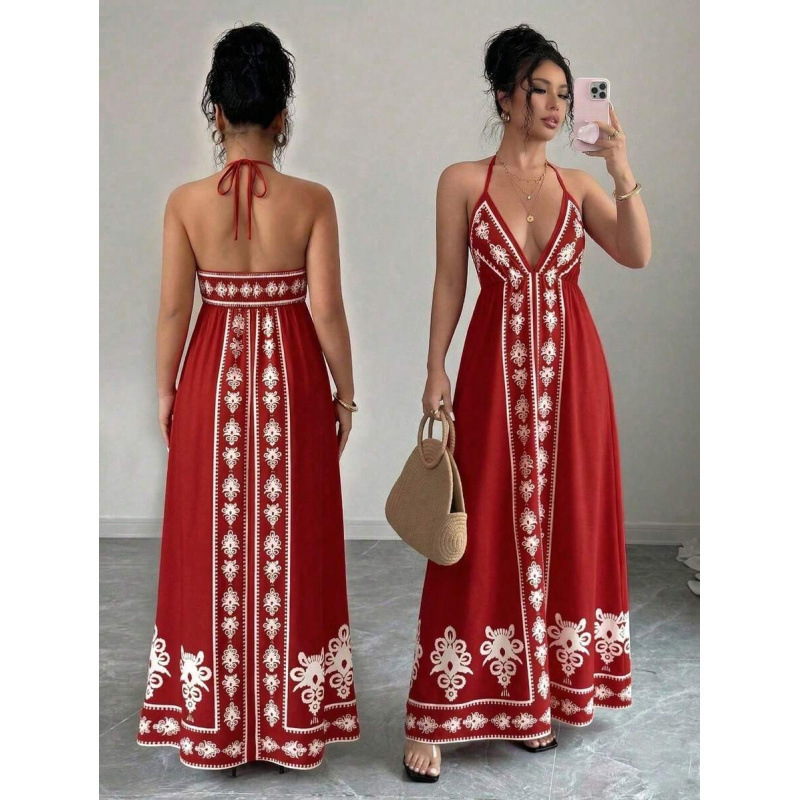 Printed V-neck Backless Long Slip Dress - Image 5