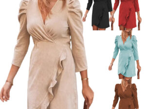 Solid Color V-neck Long-sleeved Ruffled Women's Dress