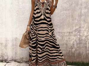 Leopard-print Loose-fitting Long Strap V-neck Seaside Short-sleeve Dress