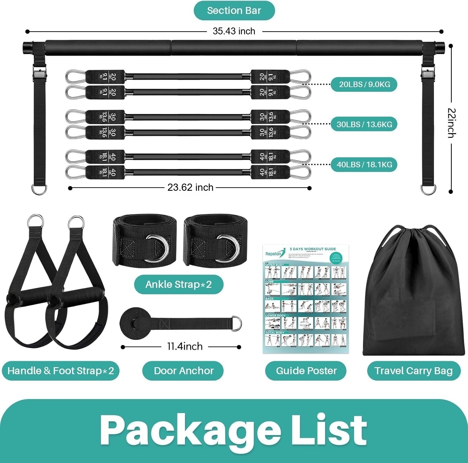 Pilates Bar Kit With 6 Resistance Bands Home Gym Fitness Training Workout Set - Image 3
