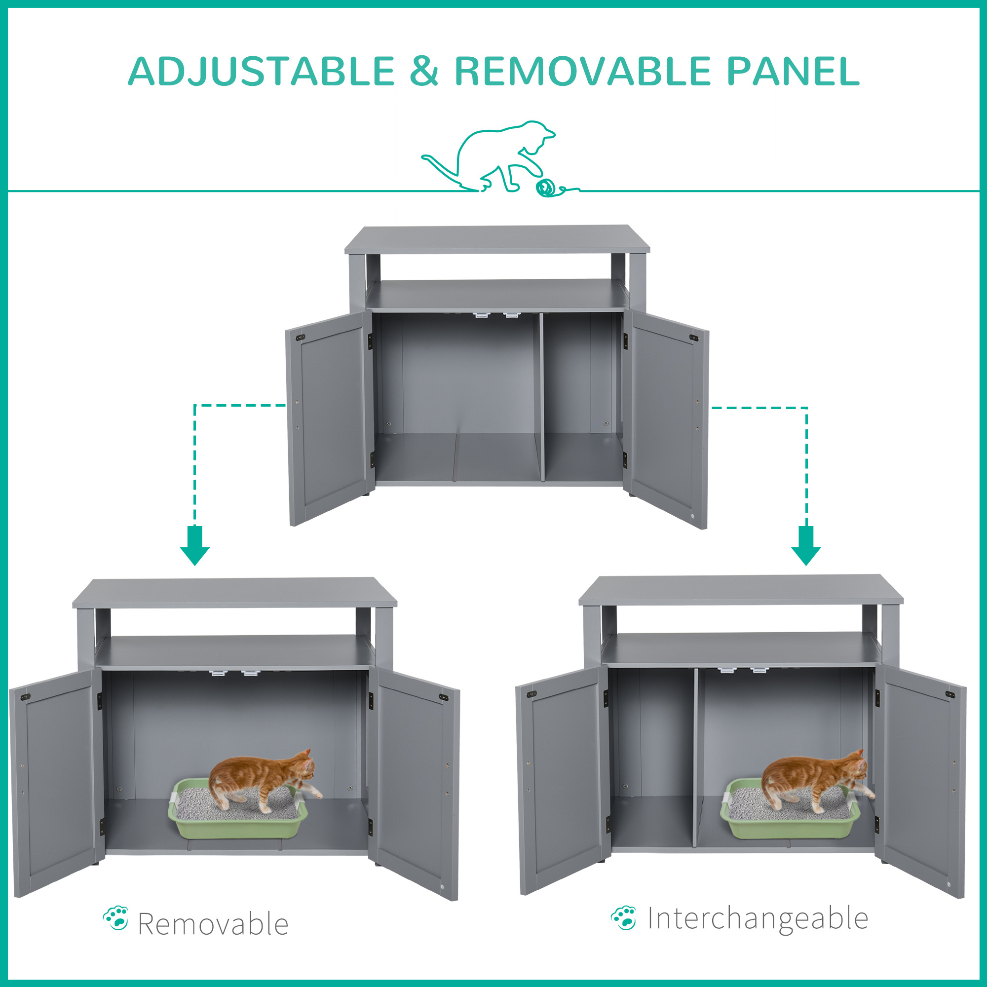 PawHut Wooden Cat Litter Box Enclosure Furniture With Adjustable Interior Wall & Large Tabletop For Nightstand, Grey - Image 3