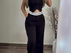 Womens Solid-Color Vest Contrasting High-Waist Wide-Leg Pants Casual Set