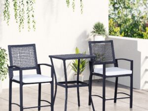 3pcs Patio Bar Set With Soft Cushion, Rattan Wicker Outdoor Furniture Set For Backyards, Lawn, Deck, Poolside