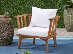 Outdoor Acacia Wood Patio Club Chair, Wooden Patio Furniture,Waterproof Thick Cushion Deep Seating For Porch, Garden, Backyard, Balcony, Weight Capacity 400lbs, Teak Finish, White
