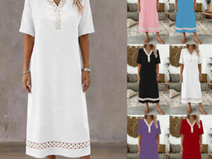 Fashionable And Elegant Lace-panel Womens Long-sleeve Midi Dress For Summer