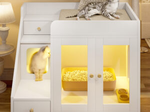 GO Cat Litter Box Enclosure With  Light , Hidden Litter Box Furniture With 2 Storage Drawers, Indoor Cat House Side Table For Living Room, White
