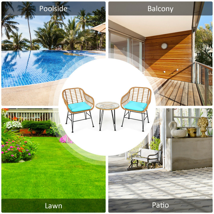 3 Pieces Rattan Furniture Set With Cushioned Chair Table - Image 8