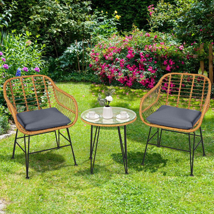 3 Pieces Rattan Furniture Set With Cushioned Chair Table - Image 8