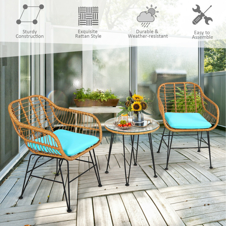3 Pieces Rattan Furniture Set With Cushioned Chair Table - Image 10
