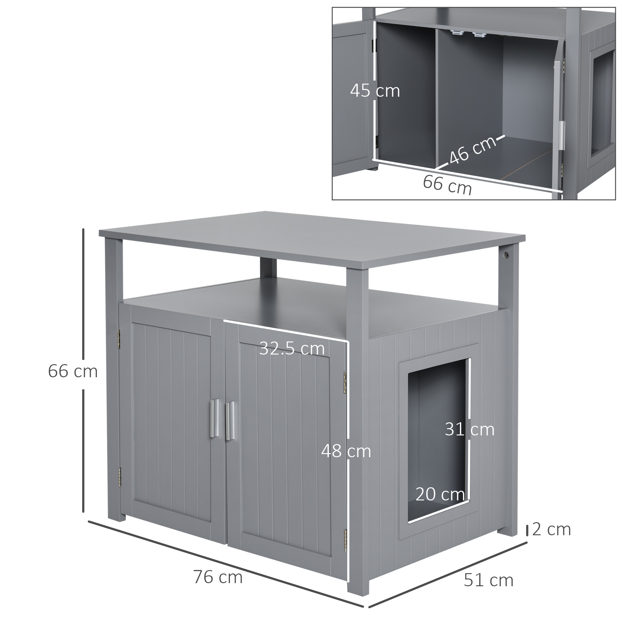 PawHut Wooden Cat Litter Box Enclosure Furniture With Adjustable Interior Wall & Large Tabletop For Nightstand, Grey - Image 4