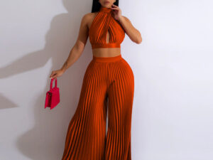 Women's Halter Silk-like Pleated Wide-leg Pants Two-piece Set