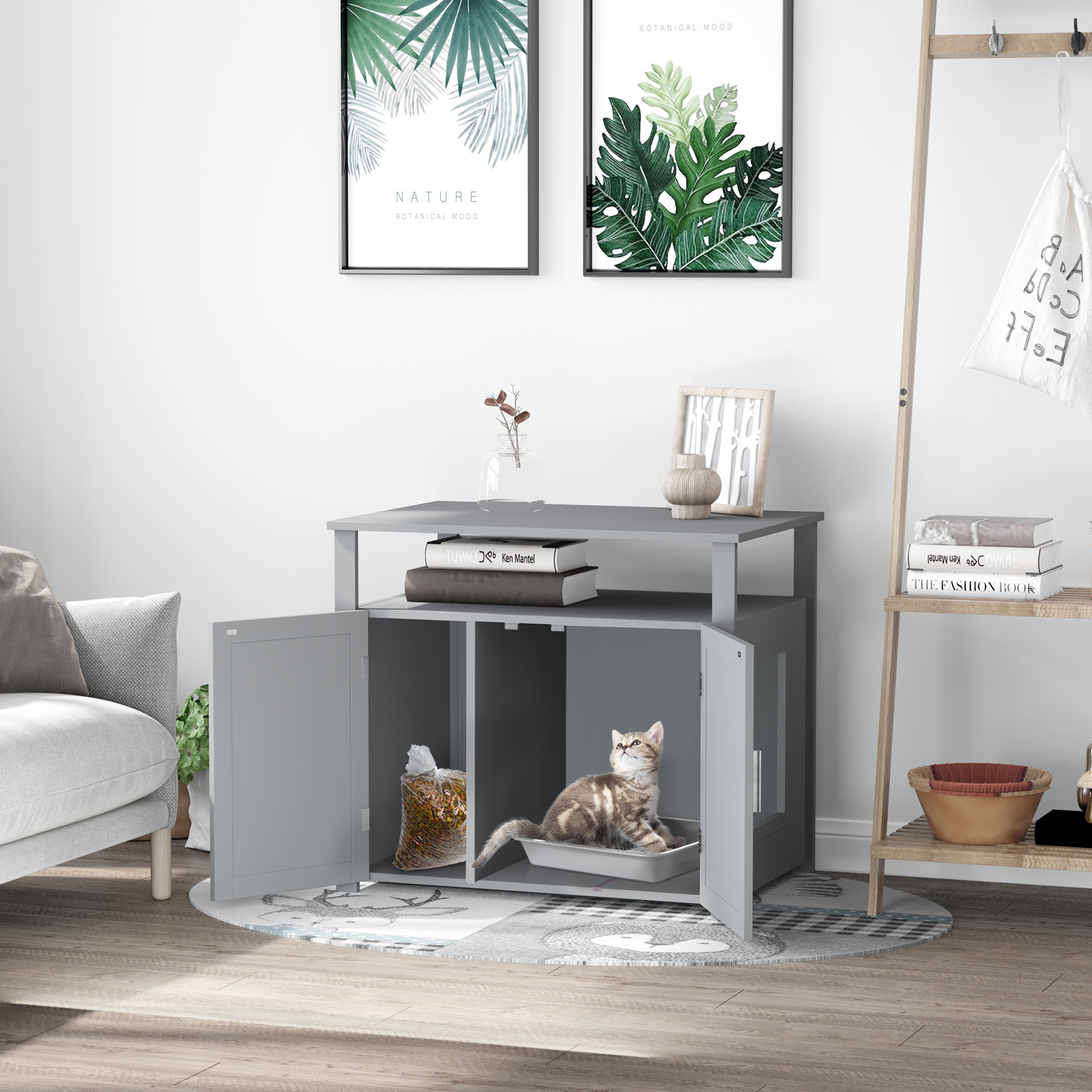 PawHut Wooden Cat Litter Box Enclosure Furniture With Adjustable Interior Wall & Large Tabletop For Nightstand, Grey - Image 5