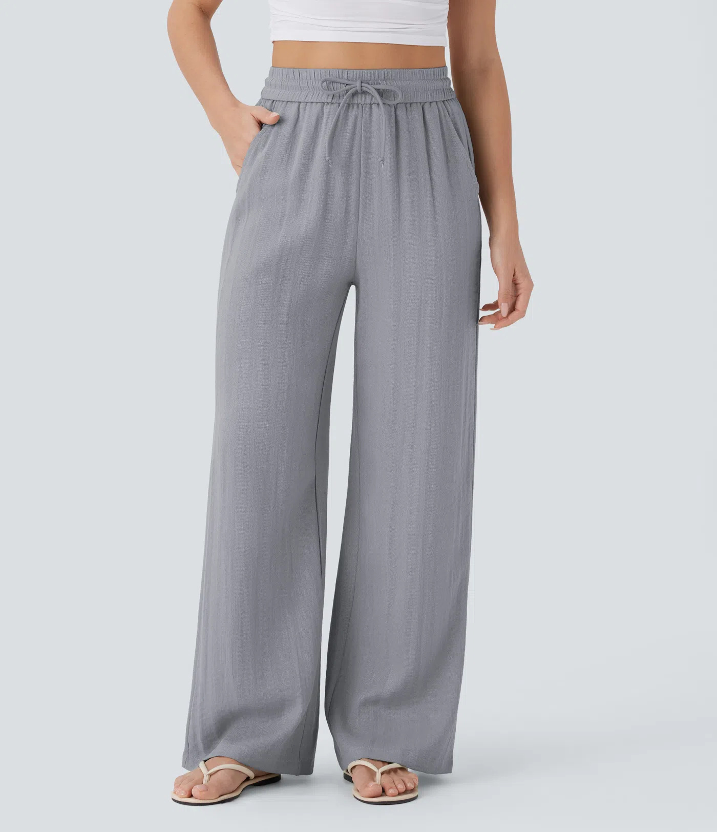 Solid Color Wide Leg Pants With Pockets Fashion Loose Drawstring Trousers Casual Women's Clothing - Image 9