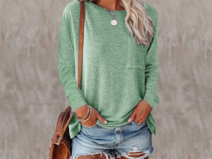 Pocket Split Long-sleeved Casual Bottoming T-shirt