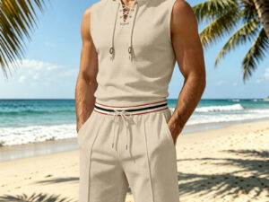Mens Waffle-Knit Sleeveless Hooded Set