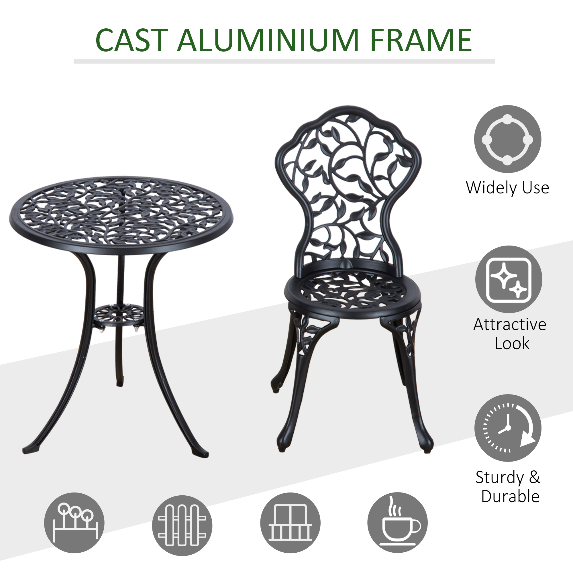 3 Pcs Aluminium Bistro Set Garden Furniture Dining Table Chairs Antique Outdoor Seat Patio Seater Black - Image 4