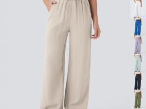 Solid Color Wide Leg Pants With Pockets Fashion Loose Drawstring Trousers Casual  Women's Clothing