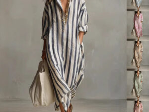 Striped Print Dress Summer Split Collar Short Sleeve Long Dresses Fashion Women's Clothing