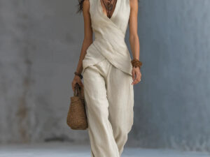 V-neck Crossover Top With Simple Casual Trousers