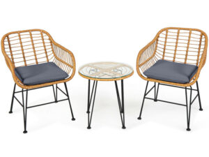 3 Pieces Rattan Furniture Set With Cushioned Chair Table