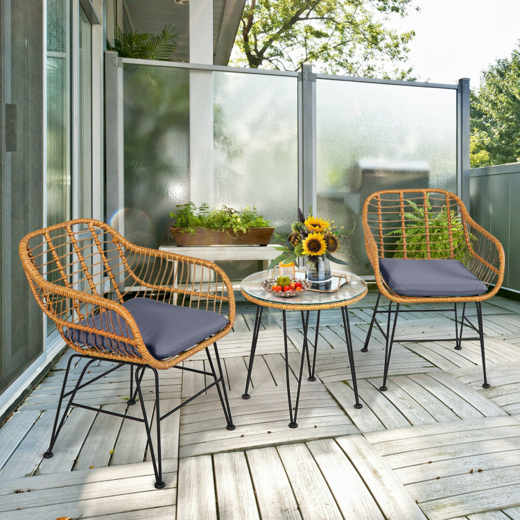 3 Pieces Rattan Furniture Set With Cushioned Chair Table - Image 2