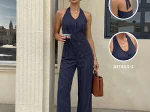 Navy Pinstripe Halter V Neck Button Front Wide Leg Jumpsuit