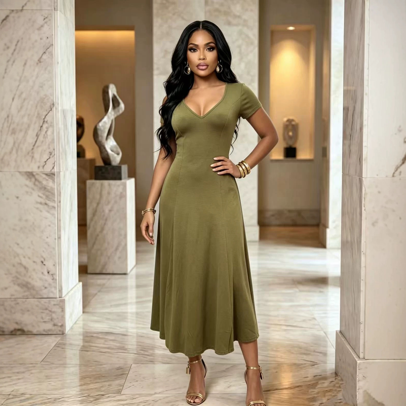 Womens Summer New Arrival American-Style Elegant Long Dress With V-Neck And Short Sleeves - Image 6